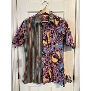 HAP Batik Shirt Men's Size Large Multicolor Short Sleeve Button Up Pink Retro‎
